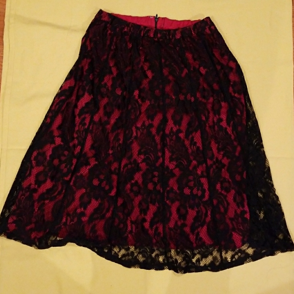 Red with black lace overlay midi skirt